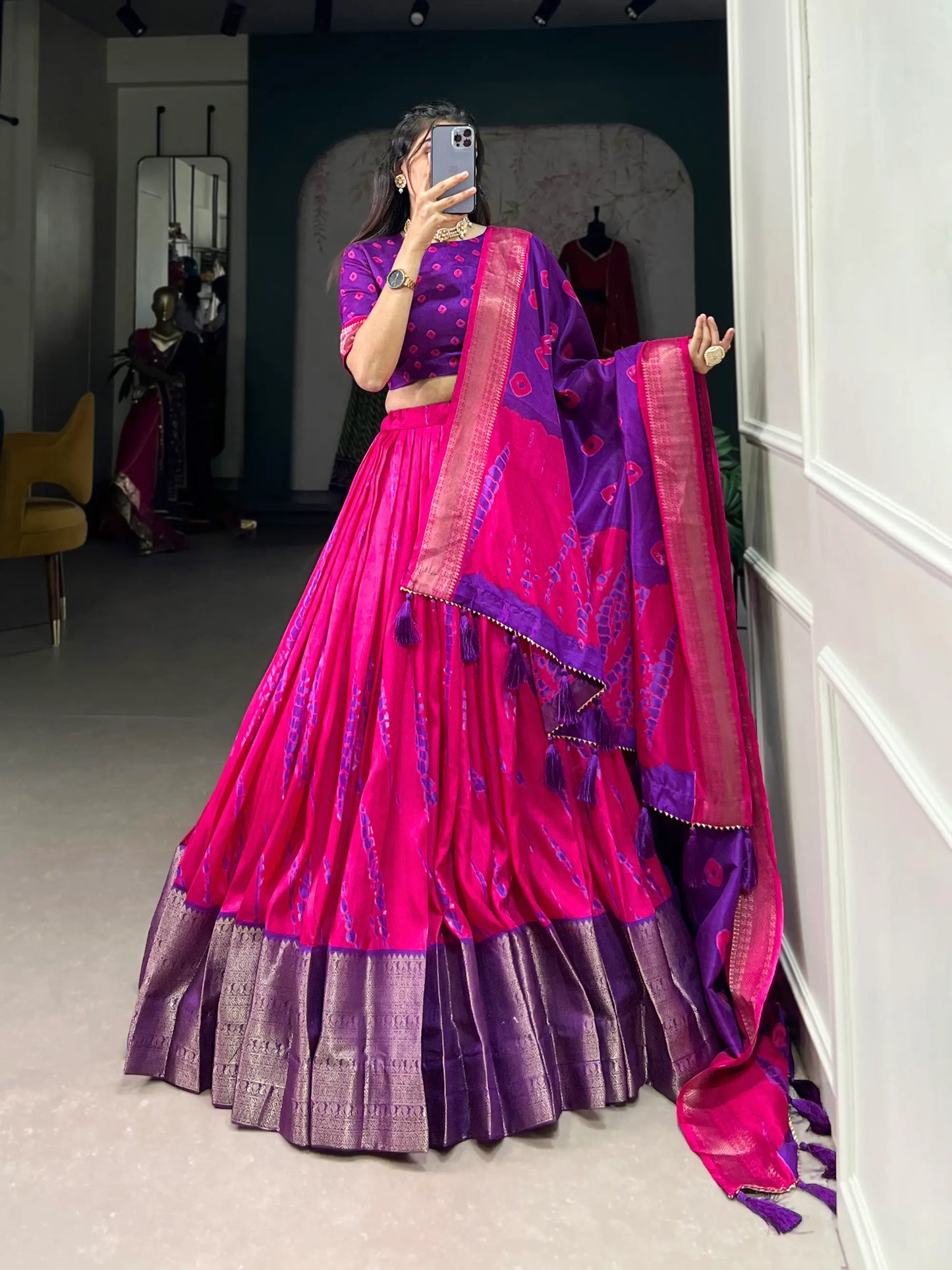 Purple & Pink Dola Silk Lehenga Choli With Shibori Print & Zari Weaving Border