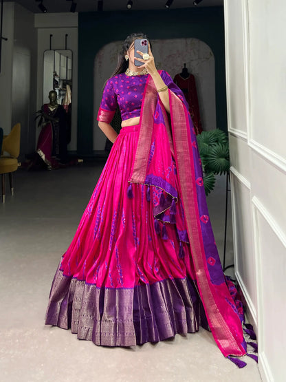 Purple & Pink Dola Silk Lehenga Choli With Shibori Print & Zari Weaving Border