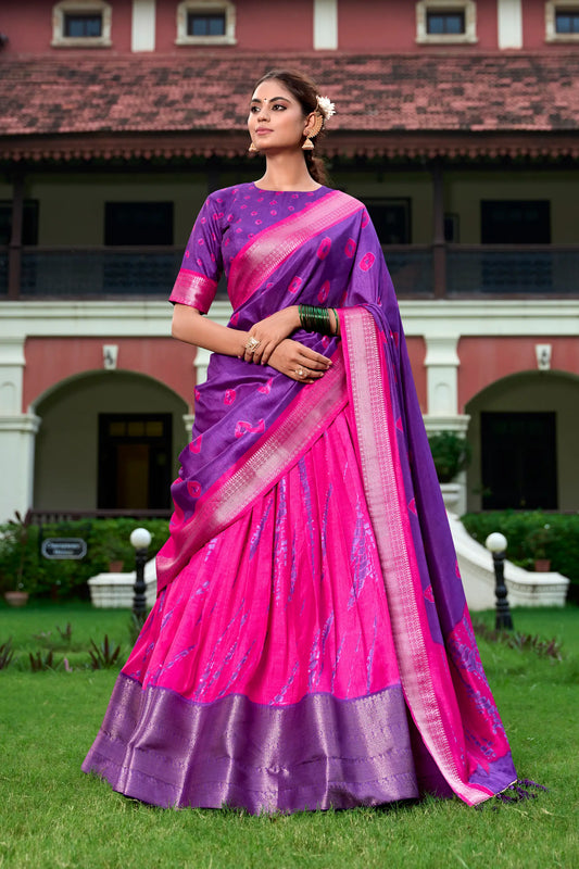 Purple & Pink Dola Silk Lehenga Choli With Shibori Print & Zari Weaving Border