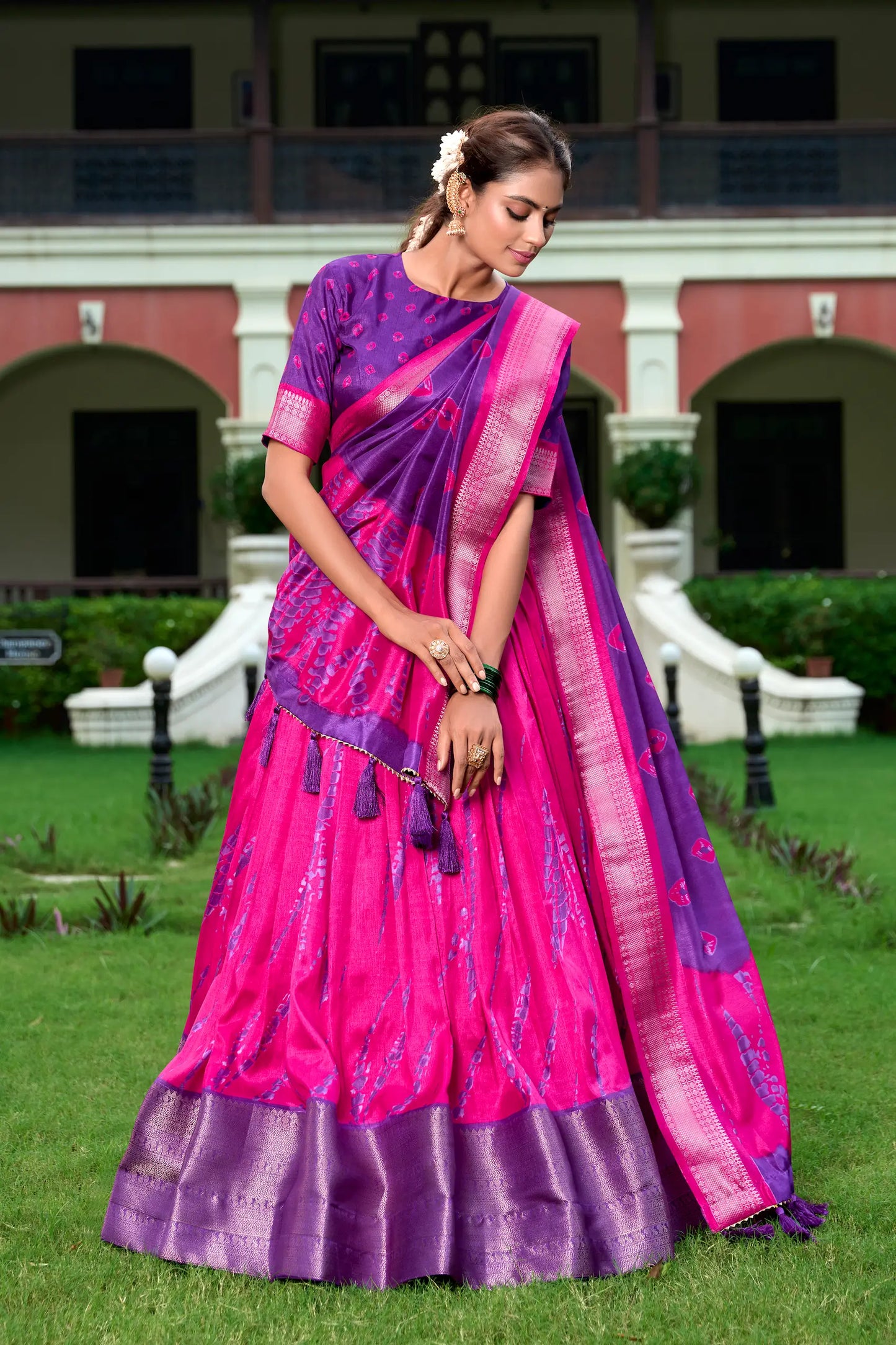 Purple & Pink Dola Silk Lehenga Choli With Shibori Print & Zari Weaving Border