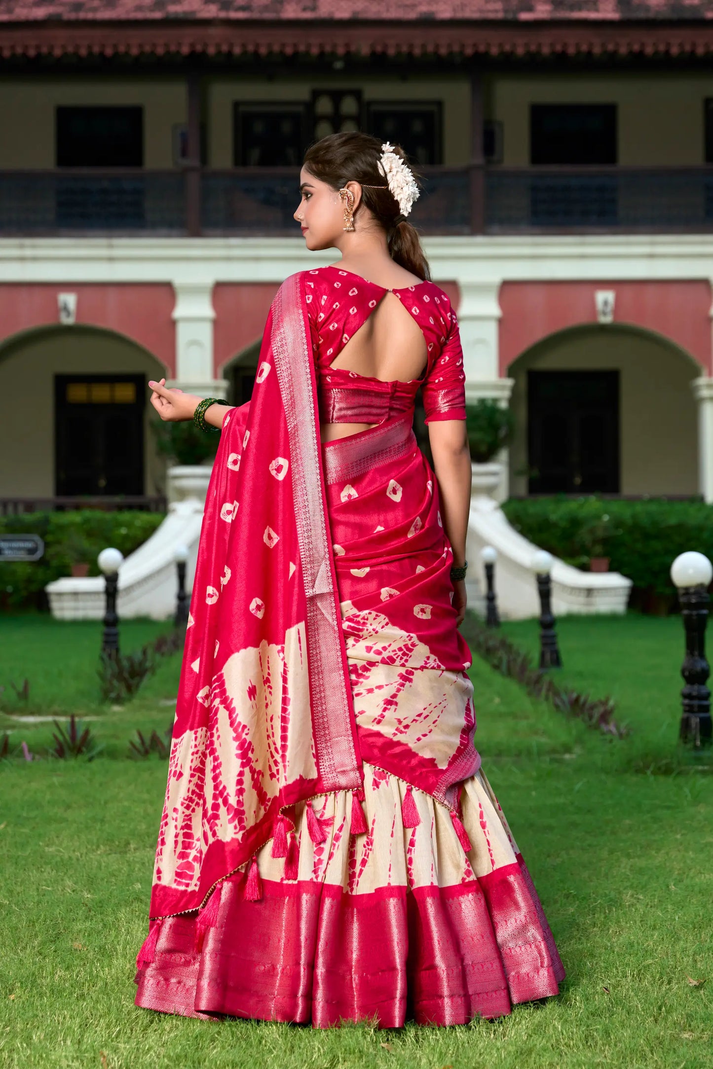 Red & Beige Dola Silk Lehenga Choli With Shibori Print & Zari Weaving Border