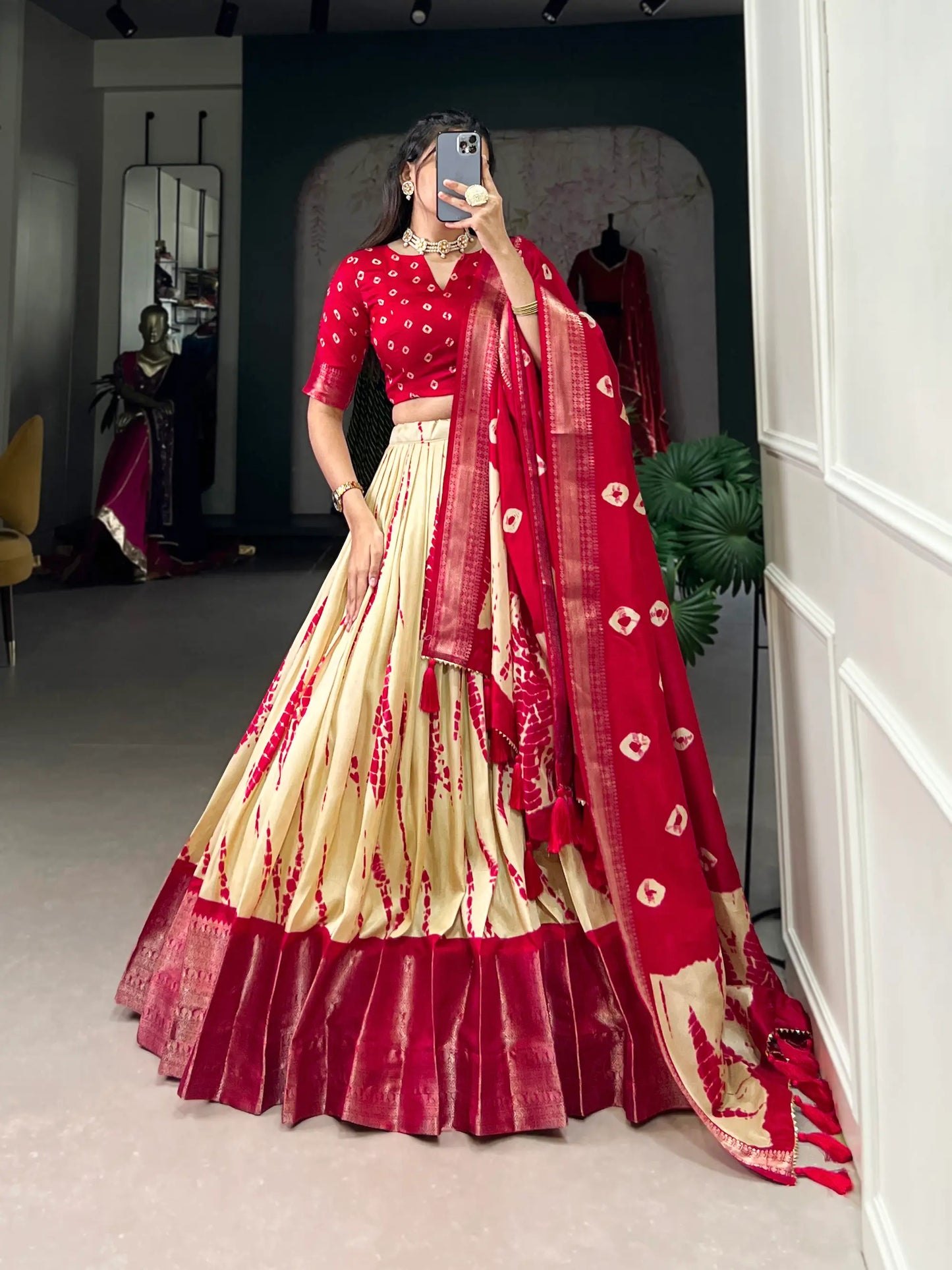 Red & Beige Dola Silk Lehenga Choli With Shibori Print & Zari Weaving Border