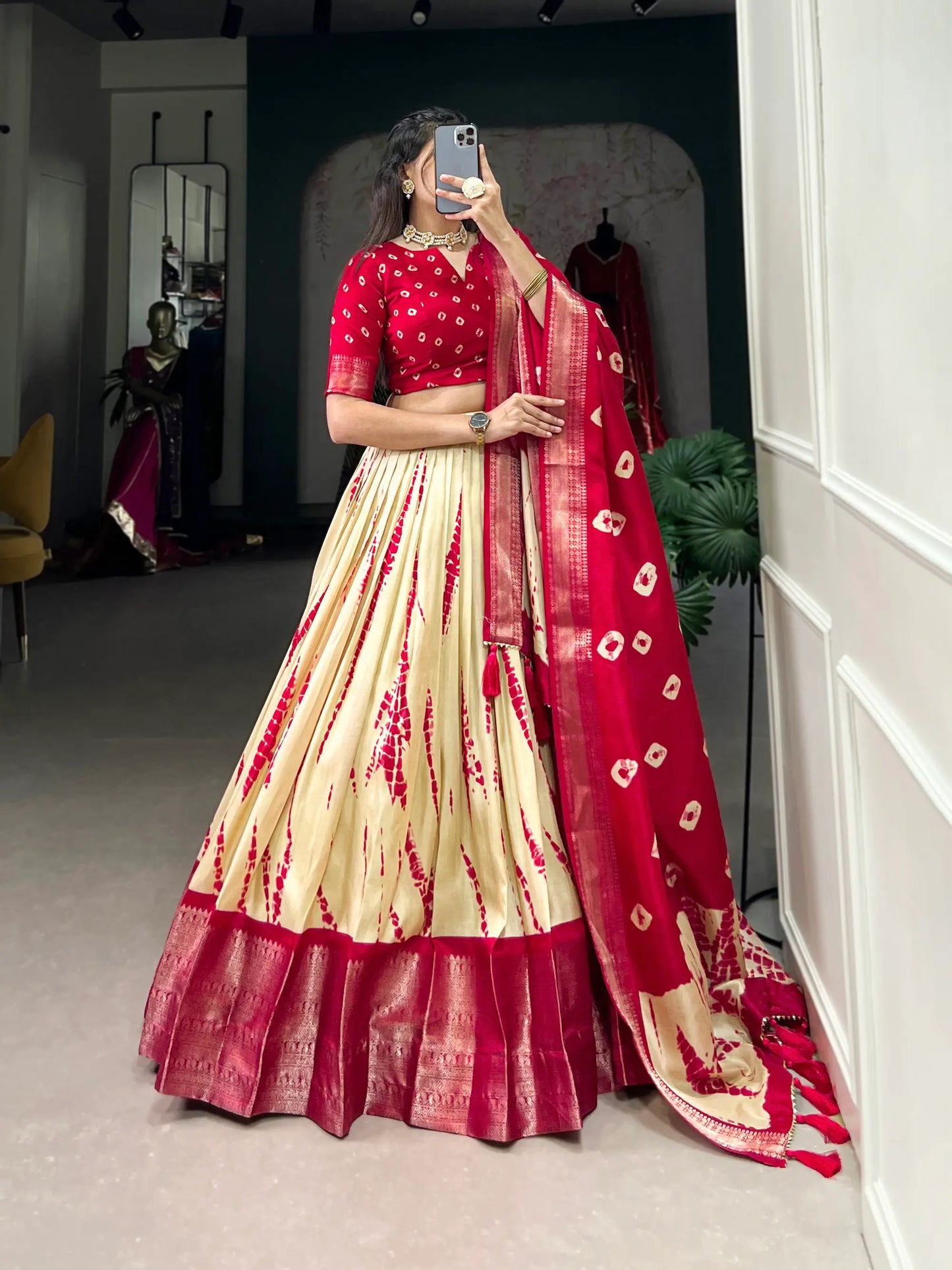 Red & Beige Dola Silk Lehenga Choli With Shibori Print & Zari Weaving Border