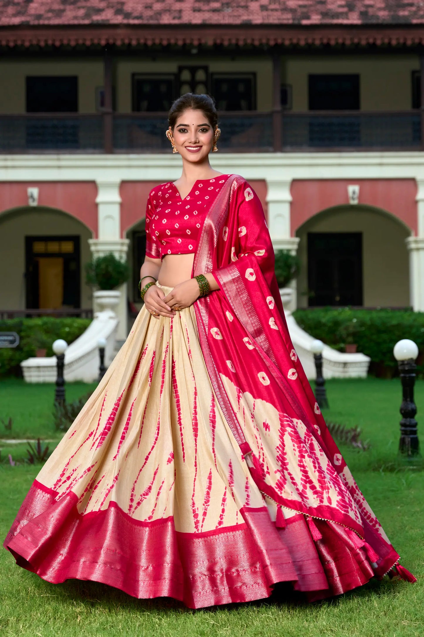 Red & Beige Dola Silk Lehenga Choli With Shibori Print & Zari Weaving Border