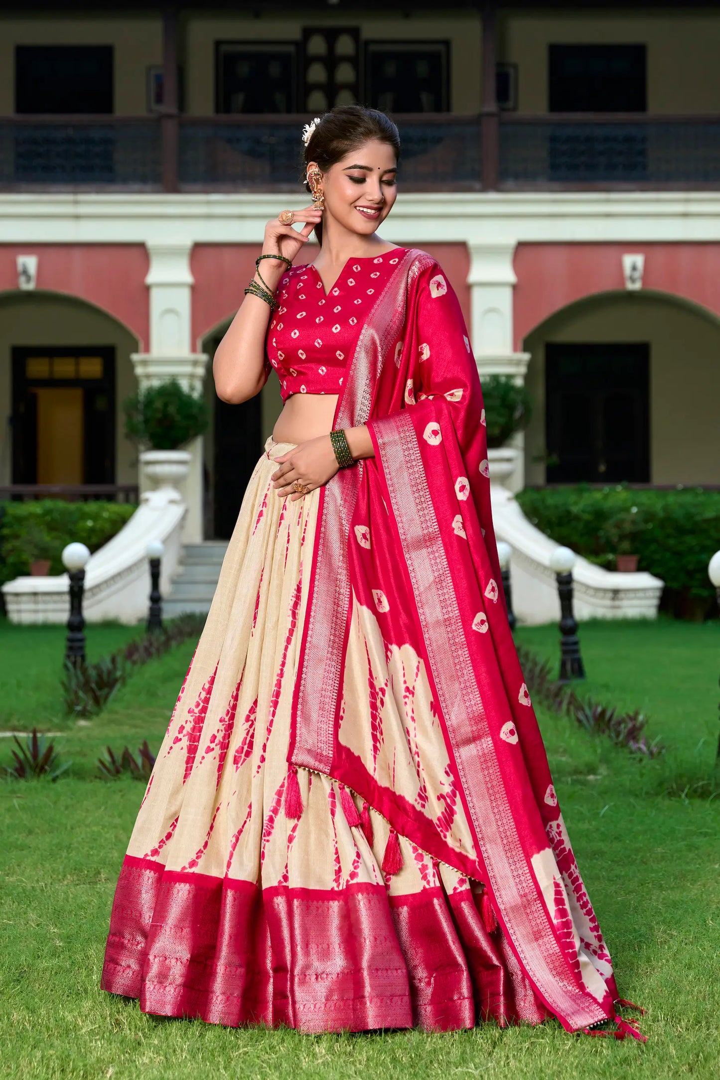 Red & Beige Dola Silk Lehenga Choli With Shibori Print & Zari Weaving Border