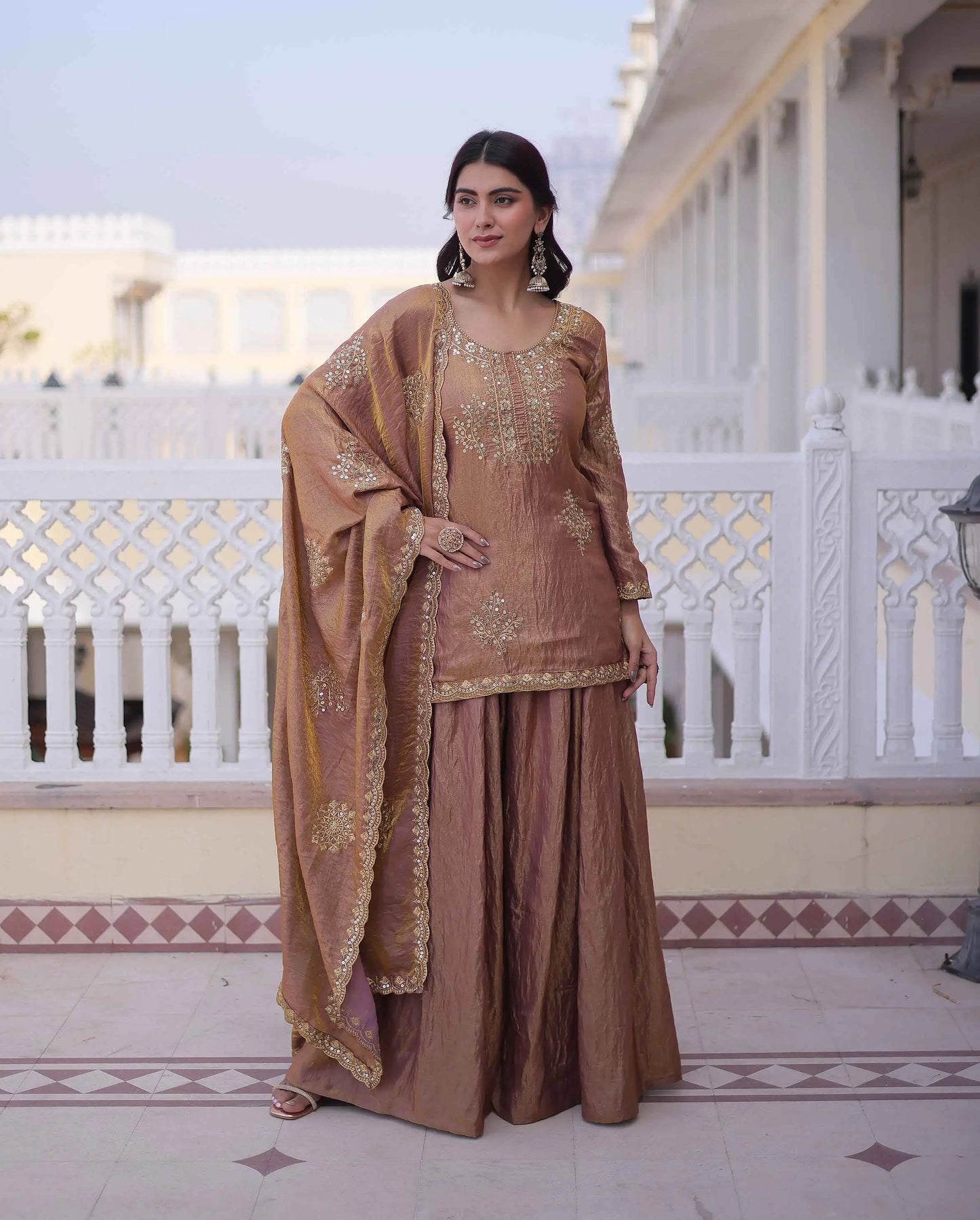 Rose Gold Zari Embroidery Sharara Suit