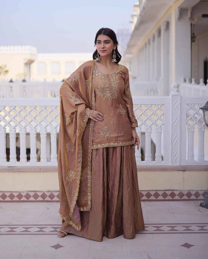Rose Gold Zari Embroidery Sharara Suit