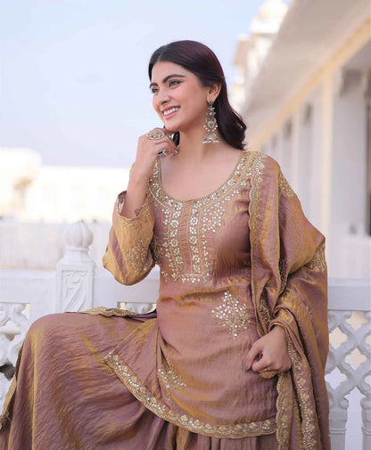 Rose Gold Zari Embroidery Sharara Suit