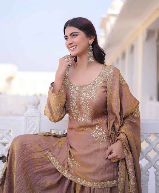 Rose Gold Zari Embroidery Sharara Suit