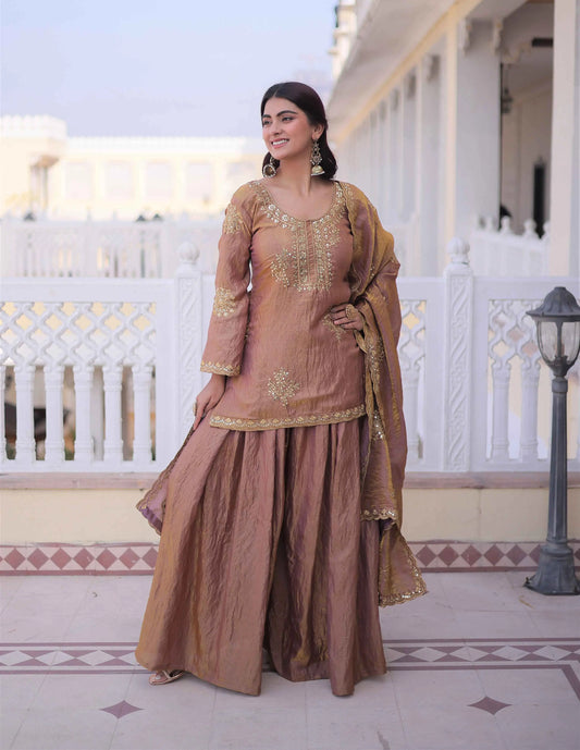 Rose Gold Zari Embroidery Sharara Suit