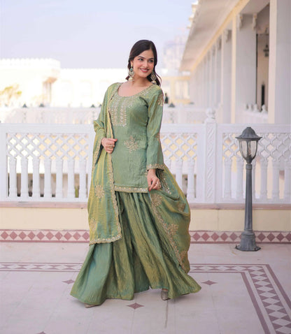 Sage Green Zari Embroidery Sharara Suit