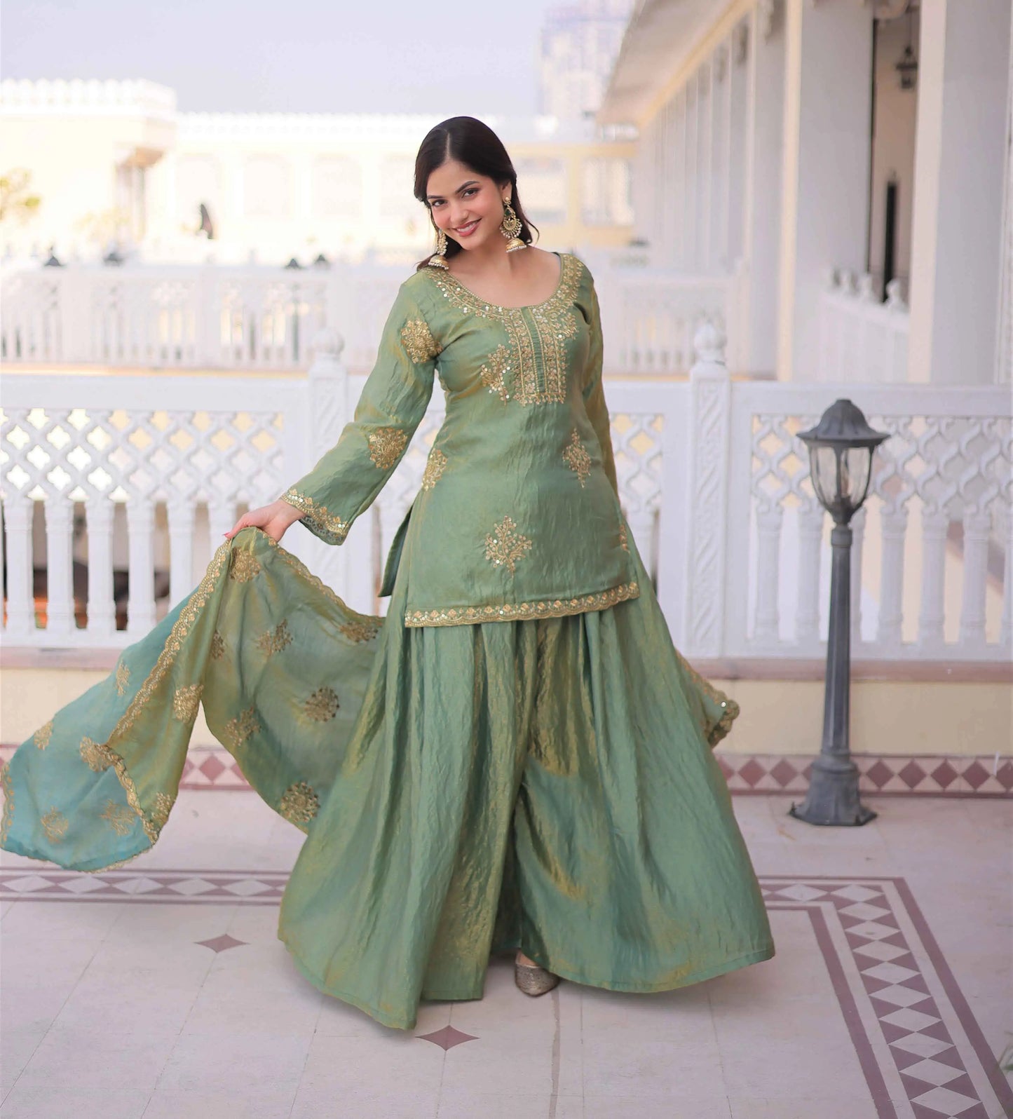 Sage Green Zari Embroidery Sharara Suit