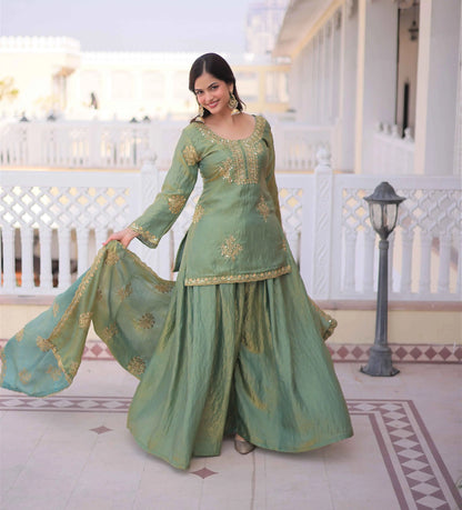 Sage Green Zari Embroidery Sharara Suit
