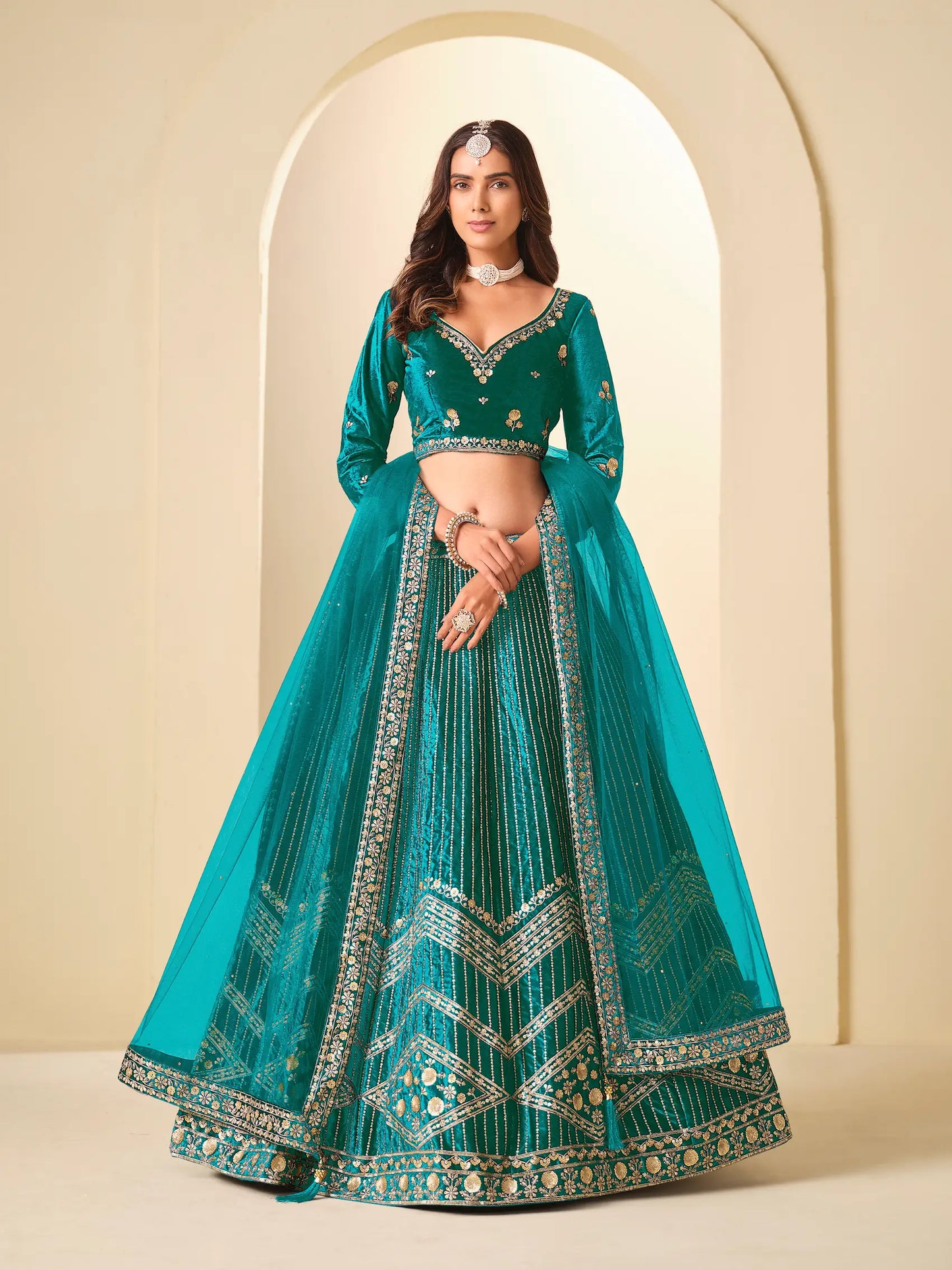 Dark Teal Velvet Lehenga Choli With Embroidery