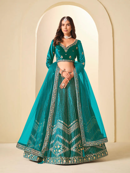 Dark Teal Velvet Lehenga Choli With Embroidery