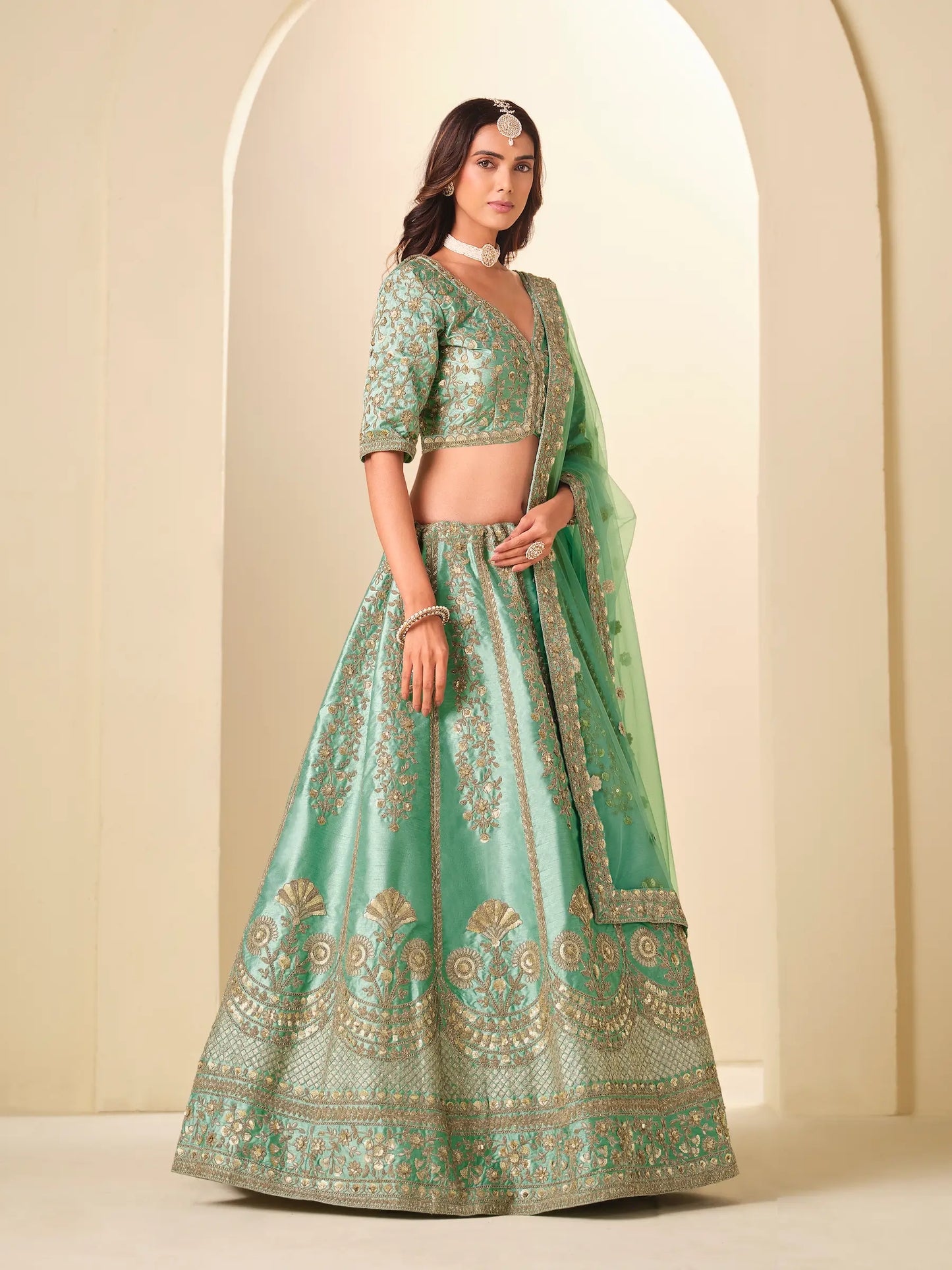 Sea Green Art Silk Embroidered Lehenga Choli