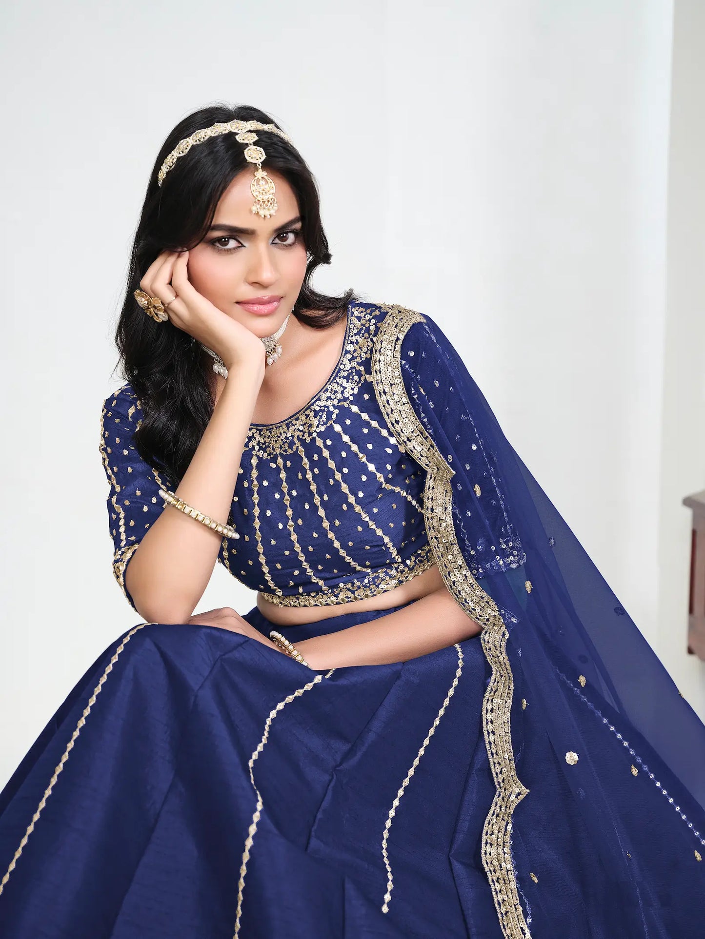 Navy Blue Art Silk Embroidery Lehenga Choli