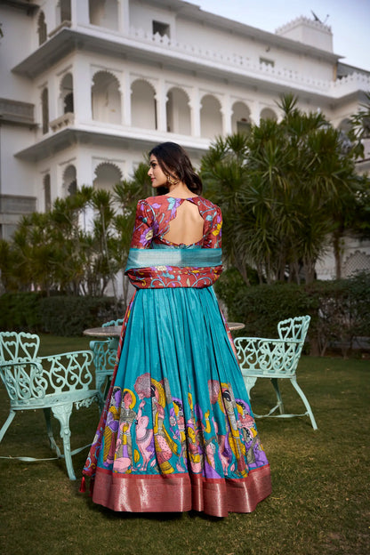 Teal Blue dola Silk Kalamkari Printed Lehenga Choli