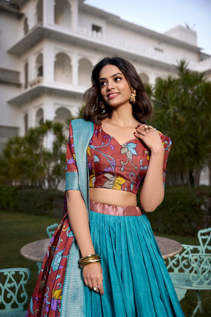 Teal Blue dola Silk Kalamkari Printed Lehenga Choli