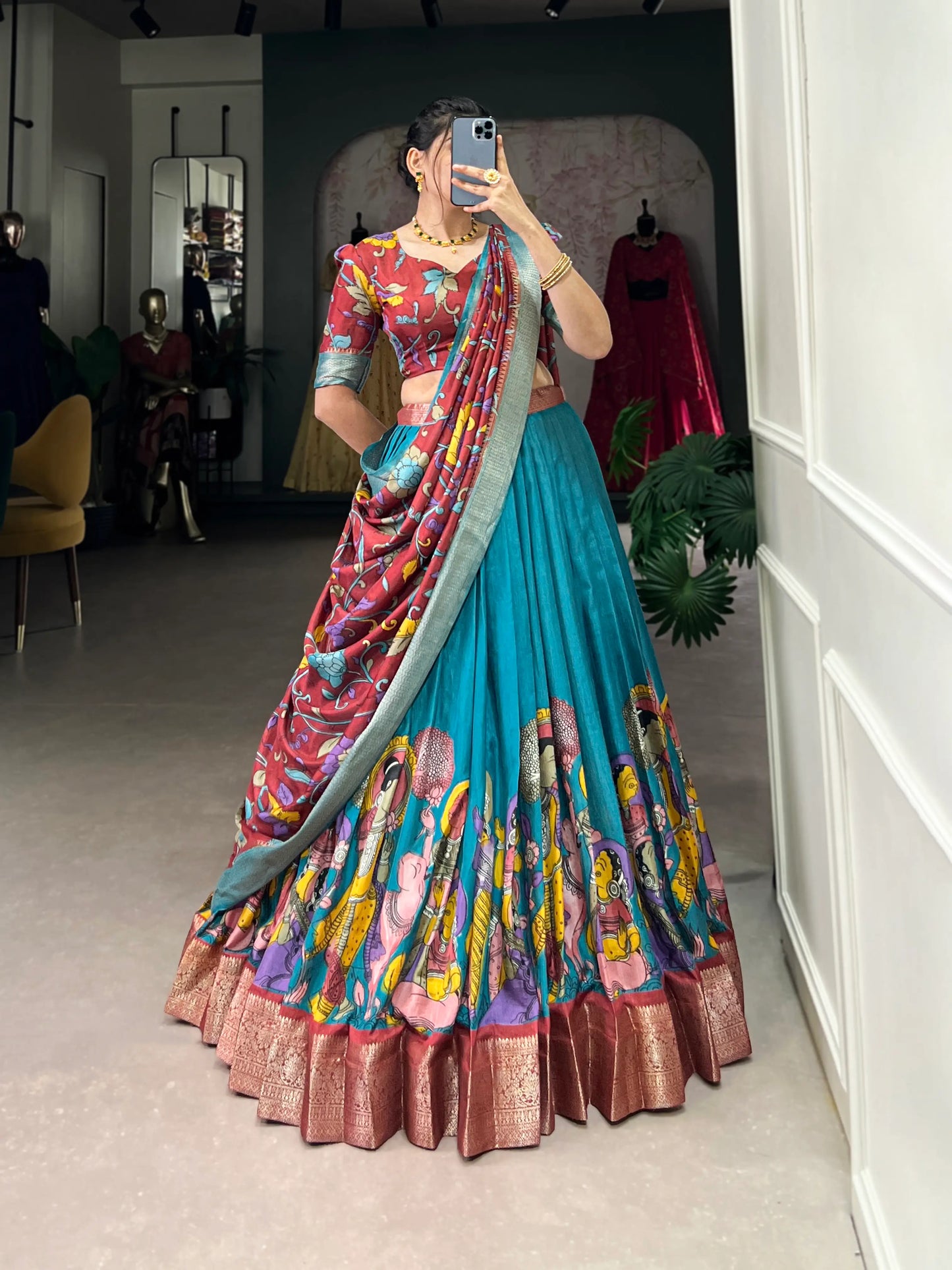 Teal Blue dola Silk Kalamkari Printed Lehenga Choli