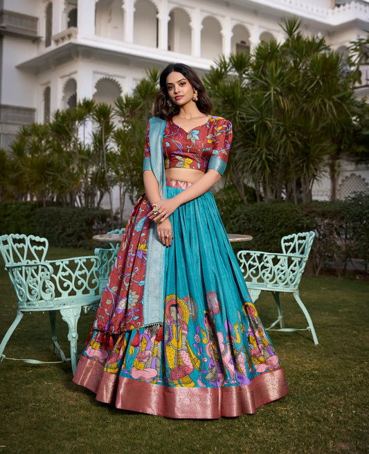 Teal Blue dola Silk Kalamkari Printed Lehenga Choli