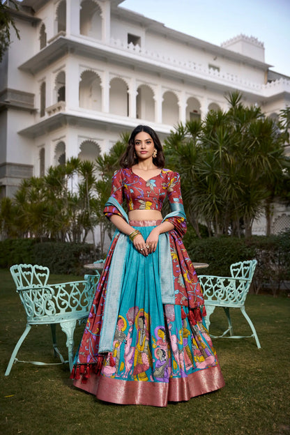 Teal Blue dola Silk Kalamkari Printed Lehenga Choli