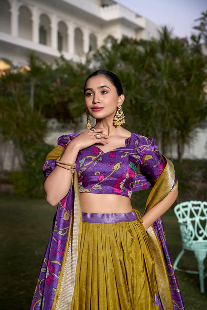 Mustard dola Silk Kalamkari Printed Lehenga Choli