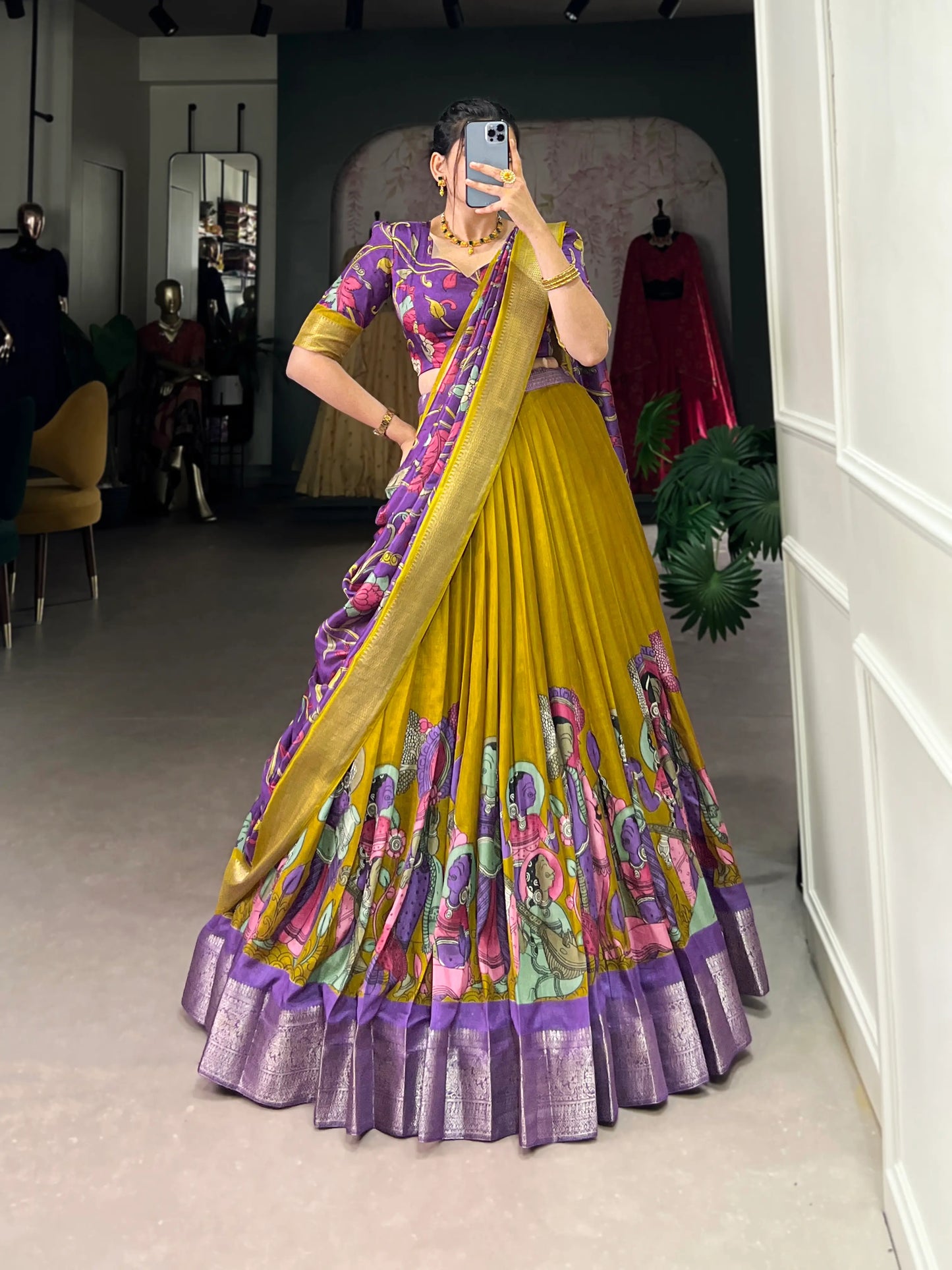 Mustard dola Silk Kalamkari Printed Lehenga Choli