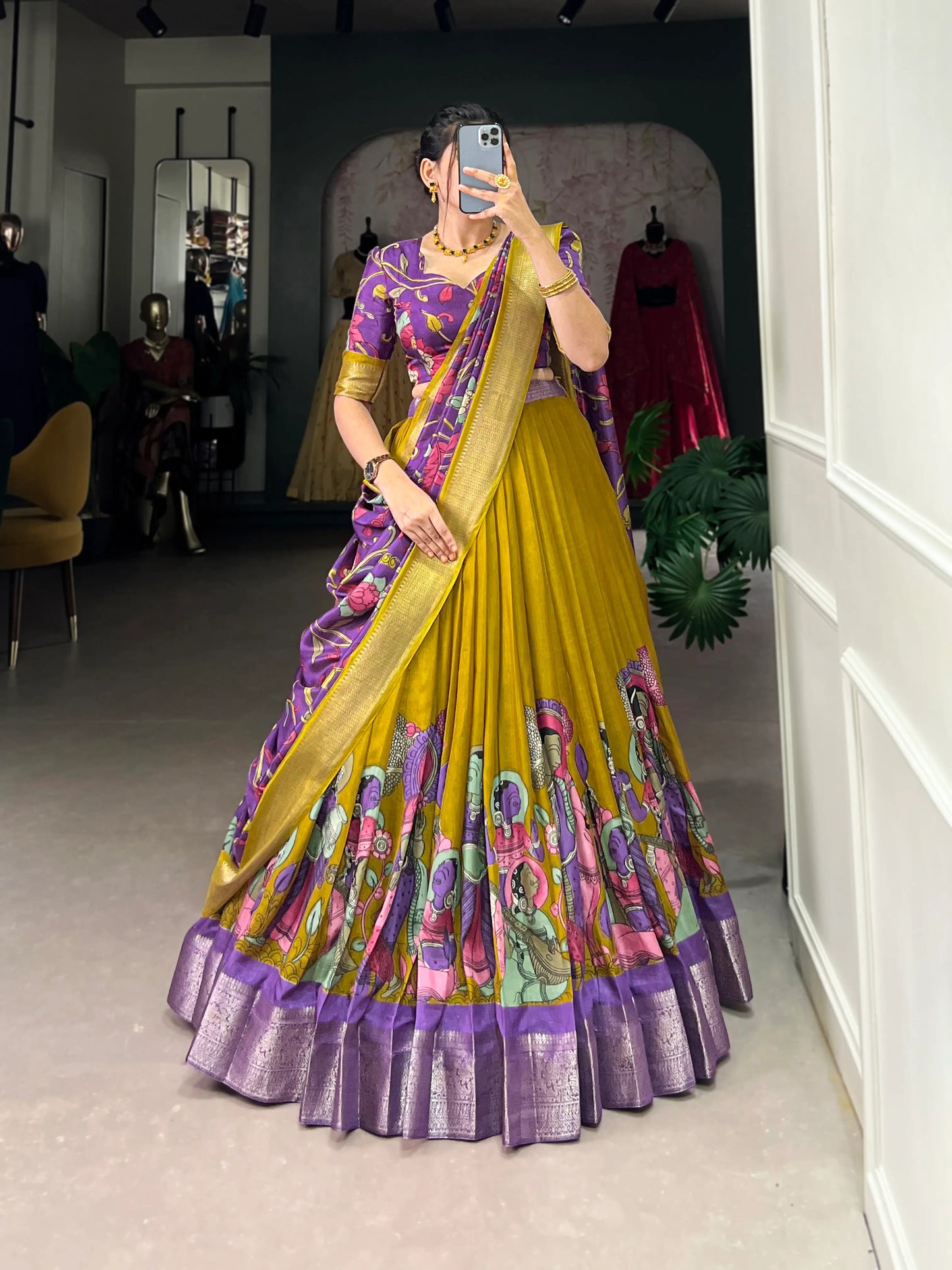 Mustard dola Silk Kalamkari Printed Lehenga Choli