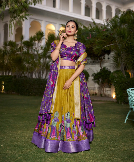 Mustard dola Silk Kalamkari Printed Lehenga Choli