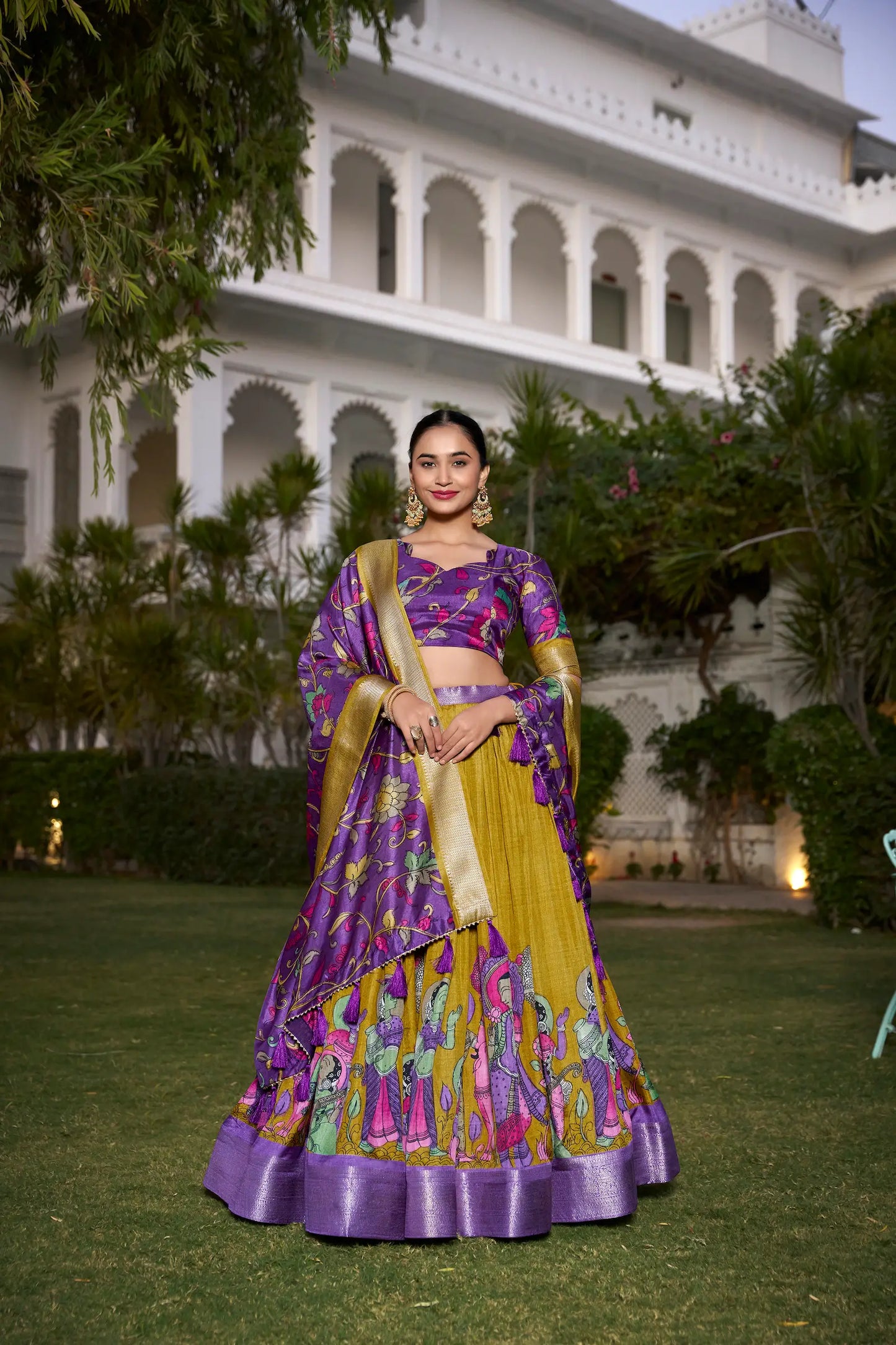 Mustard dola Silk Kalamkari Printed Lehenga Choli