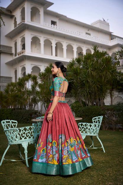 Dusty Red dola Silk Kalamkari Printed Lehenga Choli