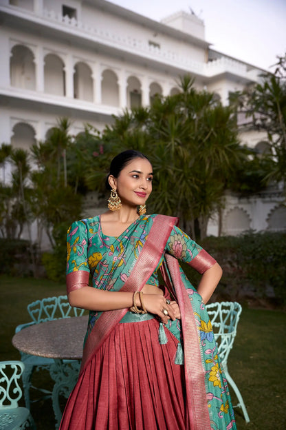 Dusty Red dola Silk Kalamkari Printed Lehenga Choli