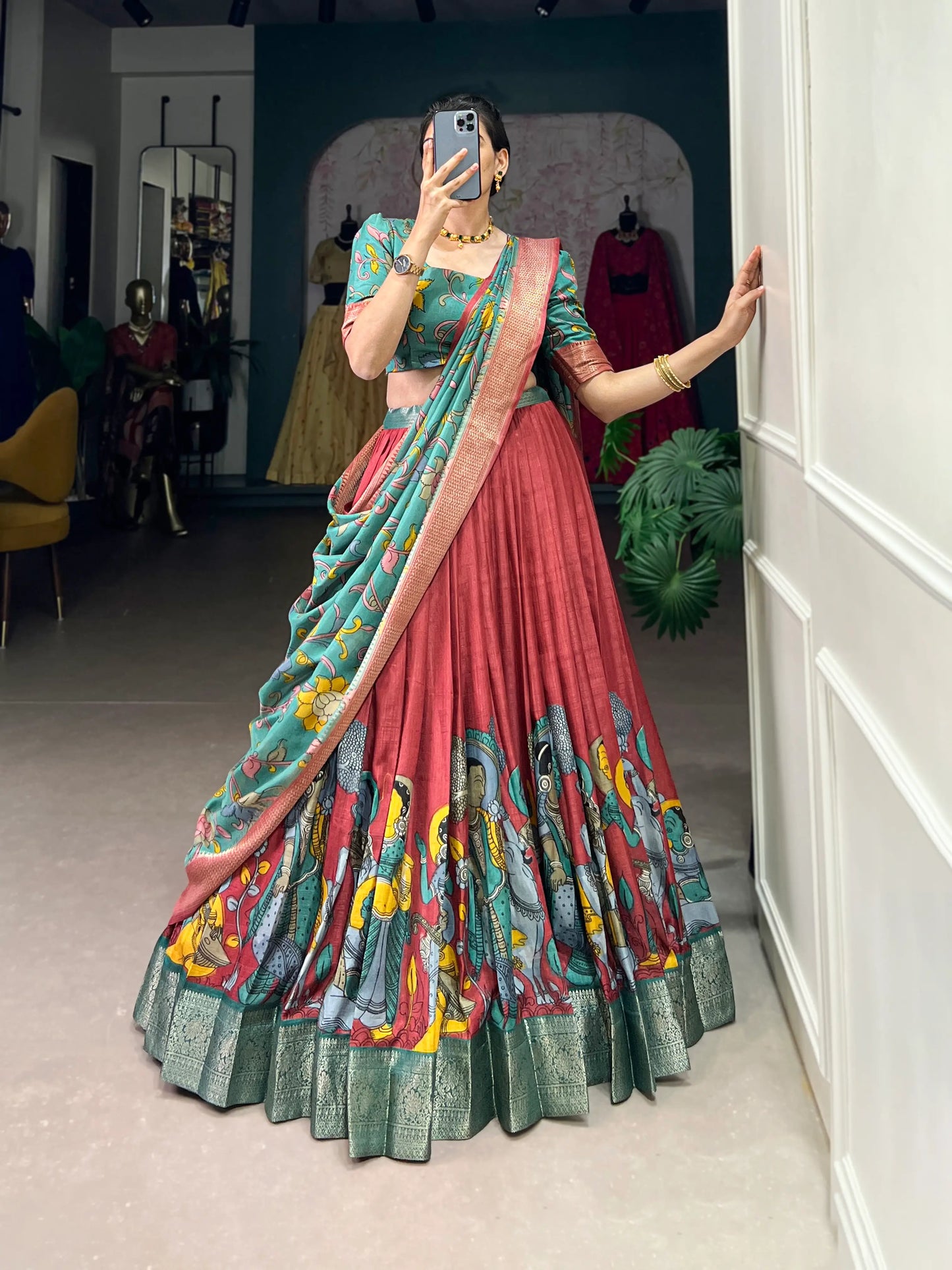 Dusty Red dola Silk Kalamkari Printed Lehenga Choli