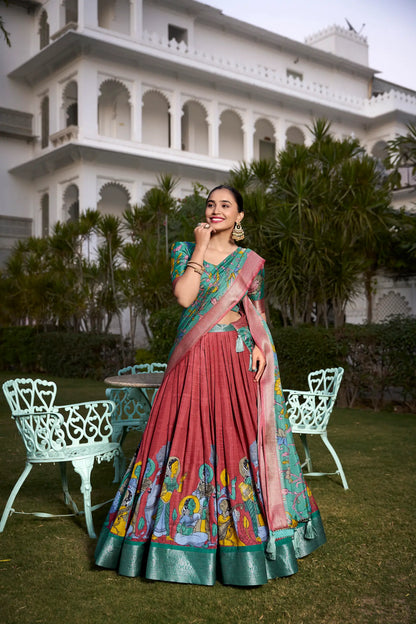 Dusty Red dola Silk Kalamkari Printed Lehenga Choli