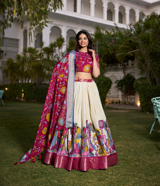 Off White dola Silk Kalamkari Printed Lehenga Choli