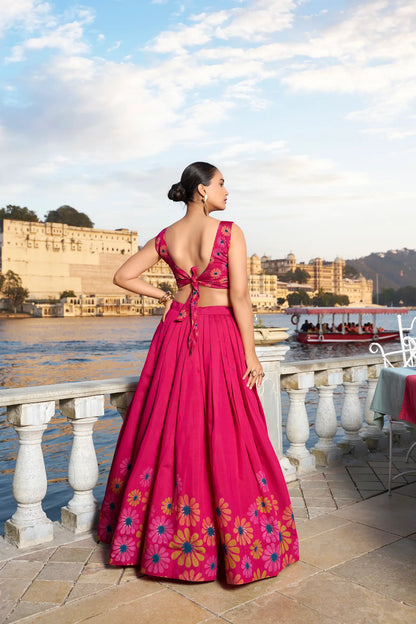 Pink Tussar Silk Floral Printed Lehenga Choli