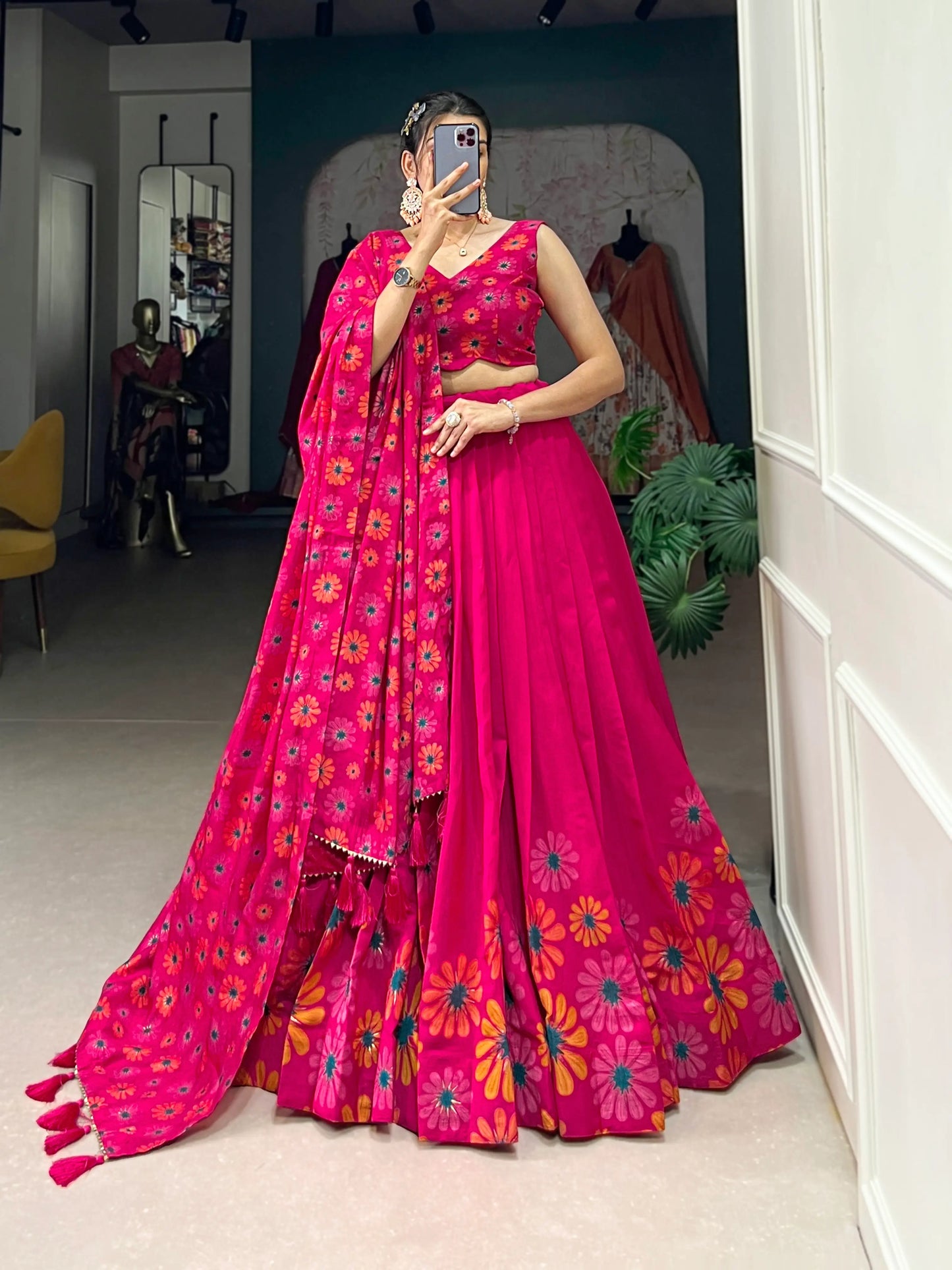 Pink Tussar Silk Floral Printed Lehenga Choli