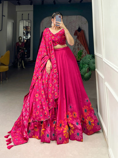 Pink Tussar Silk Floral Printed Lehenga Choli