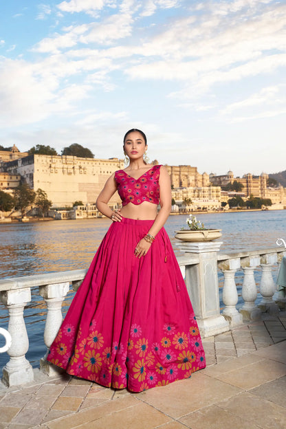 Pink Tussar Silk Floral Printed Lehenga Choli