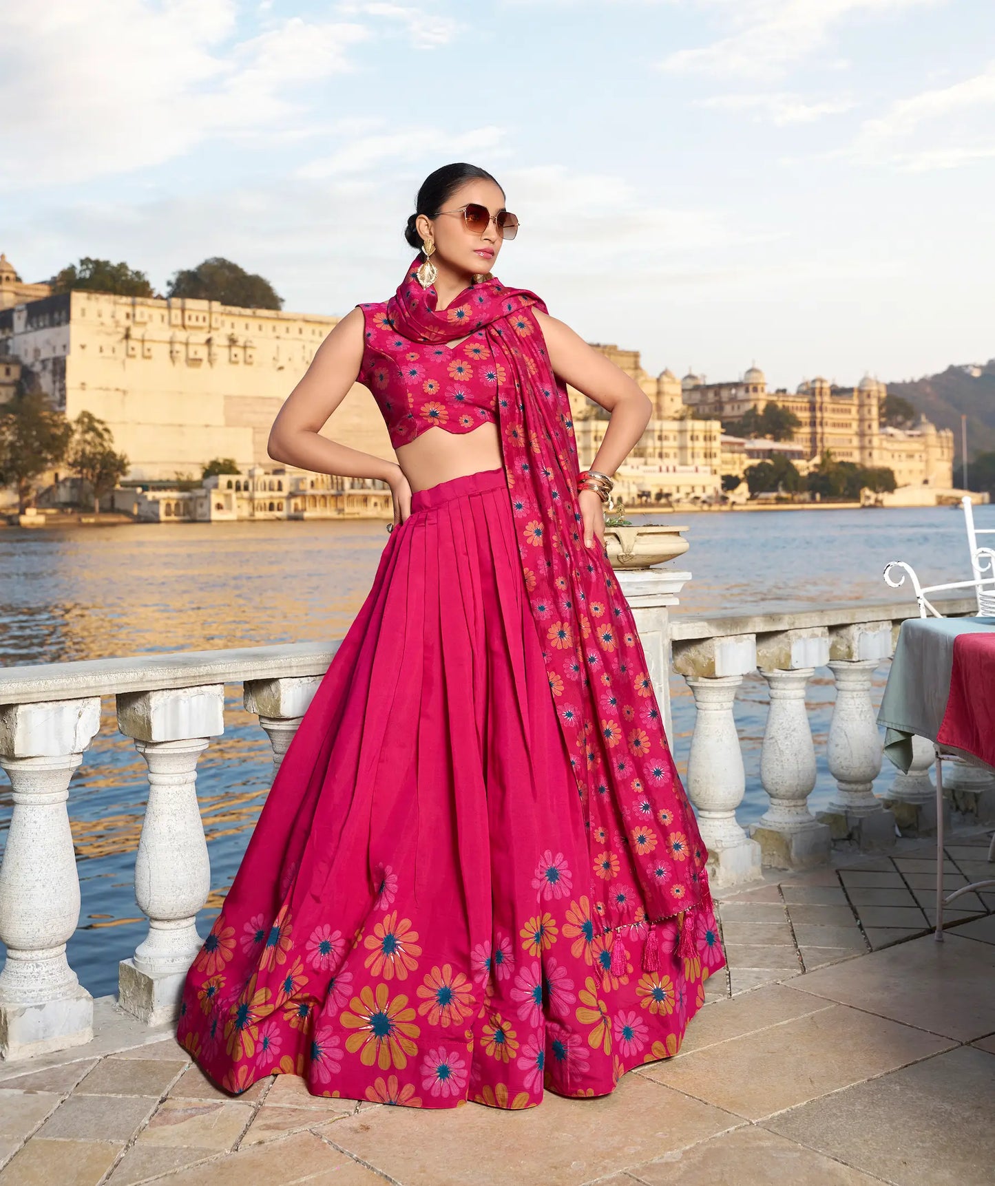 Pink Tussar Silk Floral Printed Lehenga Choli