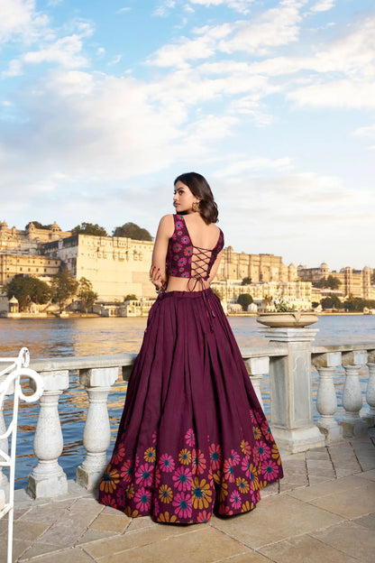 Wine Tussar Silk Floral Printed Lehenga Choli