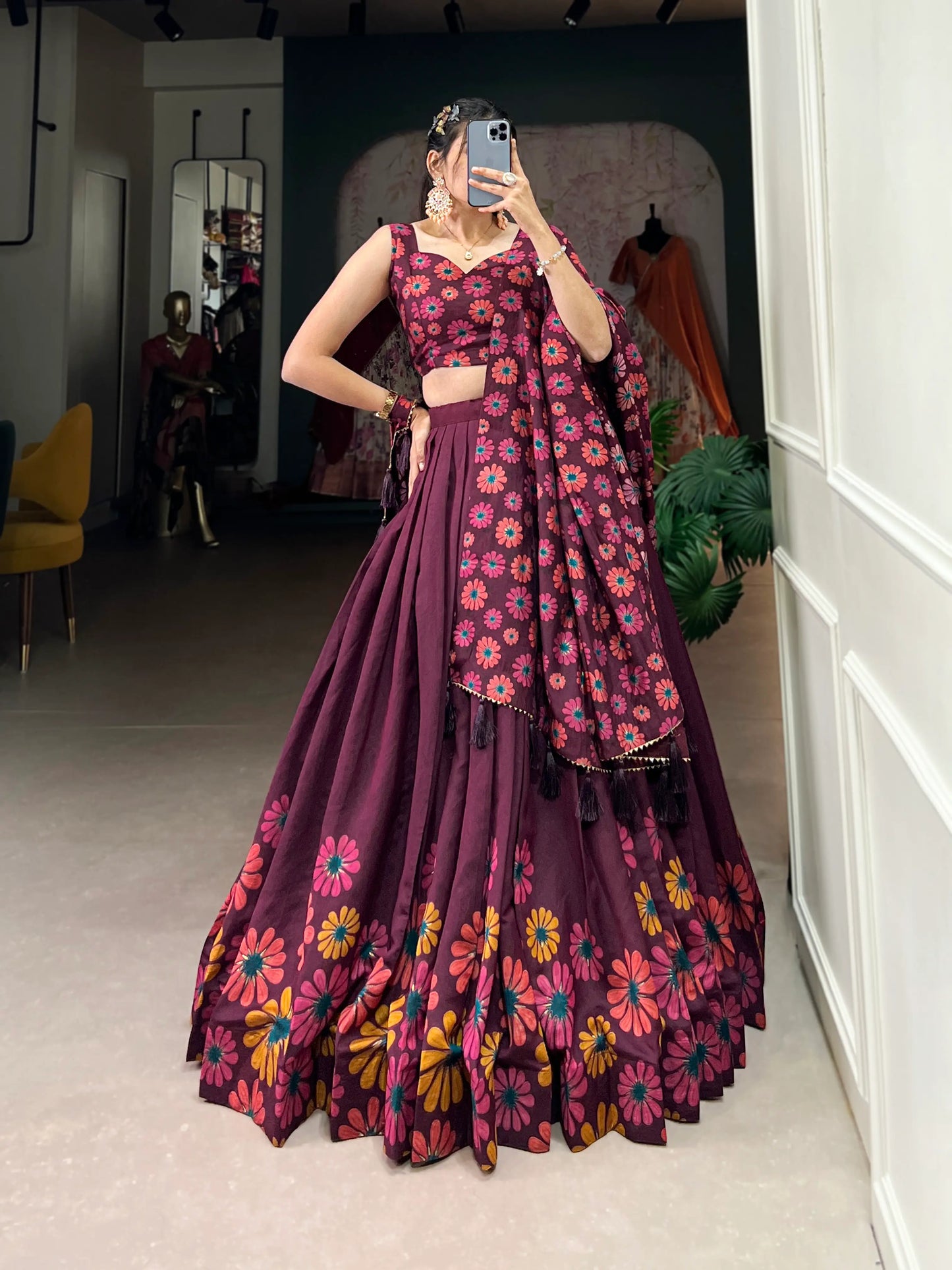 Wine Tussar Silk Floral Printed Lehenga Choli