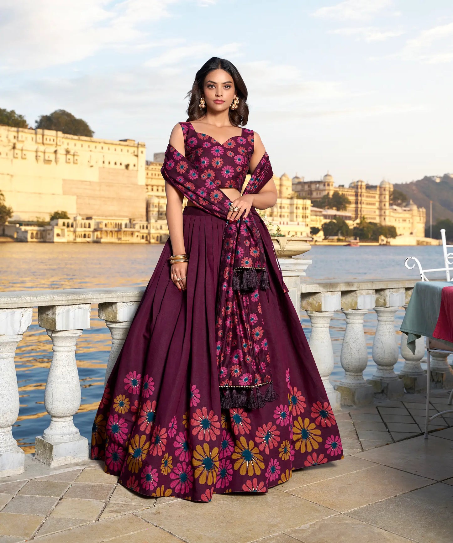 Wine Tussar Silk Floral Printed Lehenga Choli