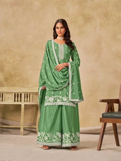 Pista Green Chinon Embroidery Work Palazzo Suit