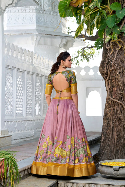 Onion Pink dola Silk Kalamkari Printed Lehenga Choli