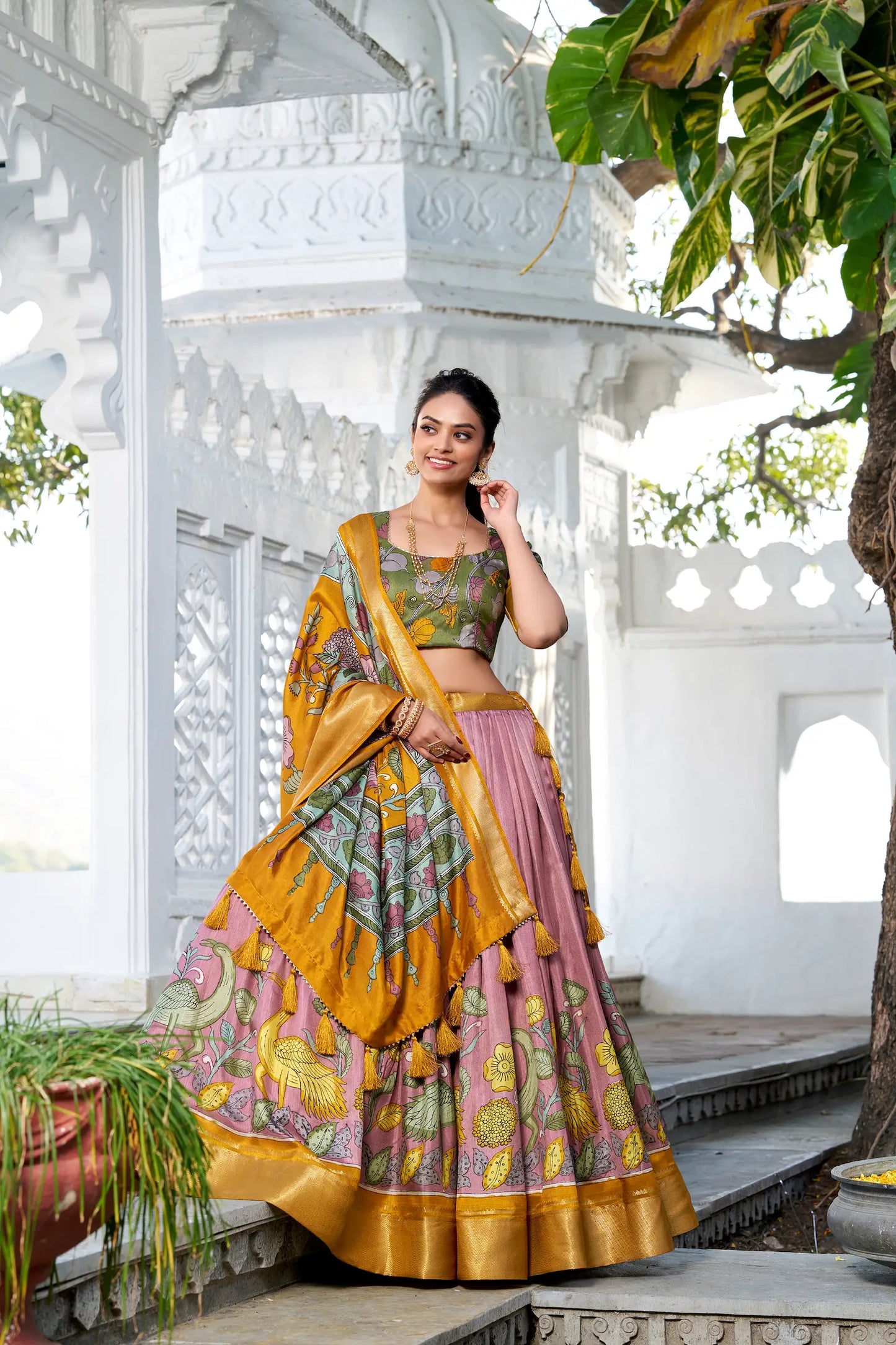 Onion Pink dola Silk Kalamkari Printed Lehenga Choli