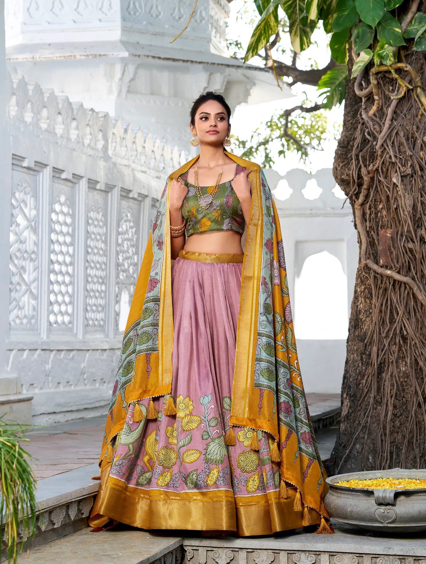 Onion Pink dola Silk Kalamkari Printed Lehenga Choli