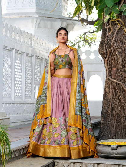 Onion Pink dola Silk Kalamkari Printed Lehenga Choli