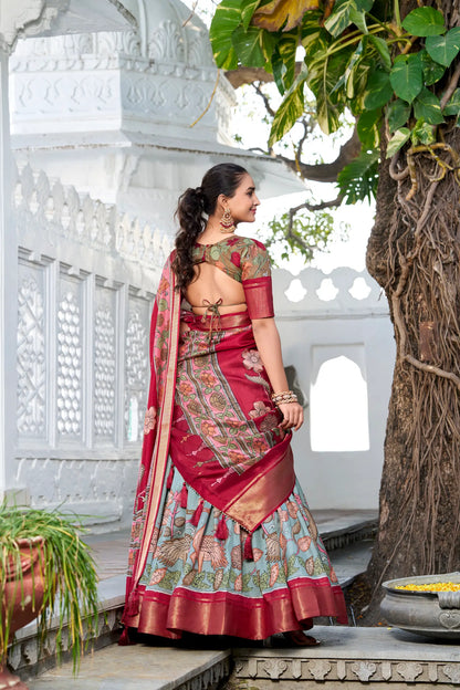 Sea Green dola Silk Kalamkari Printed Lehenga Choli